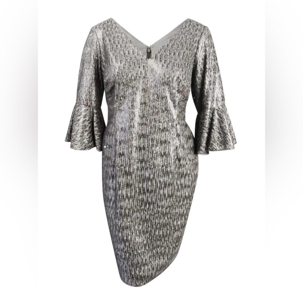 Adrianna Papell Bell Sleeve Sequence Silver Dress Size 8P
